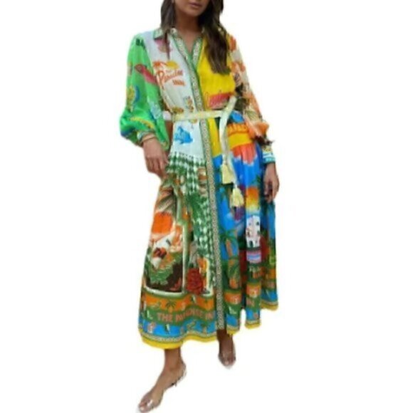 Paradise Colorful Button Down Belted Maxi Collared Shirt Midi Dress 2XL - Picture 3 of 10